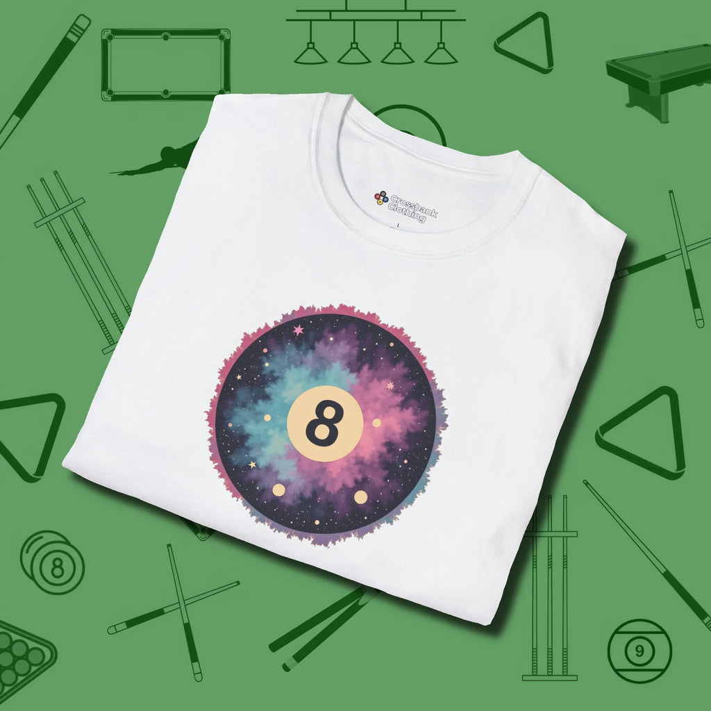 Cosmic 8-Ball Galaxy T-Shirt, folded view, in White not your average 8-ball graphic tee