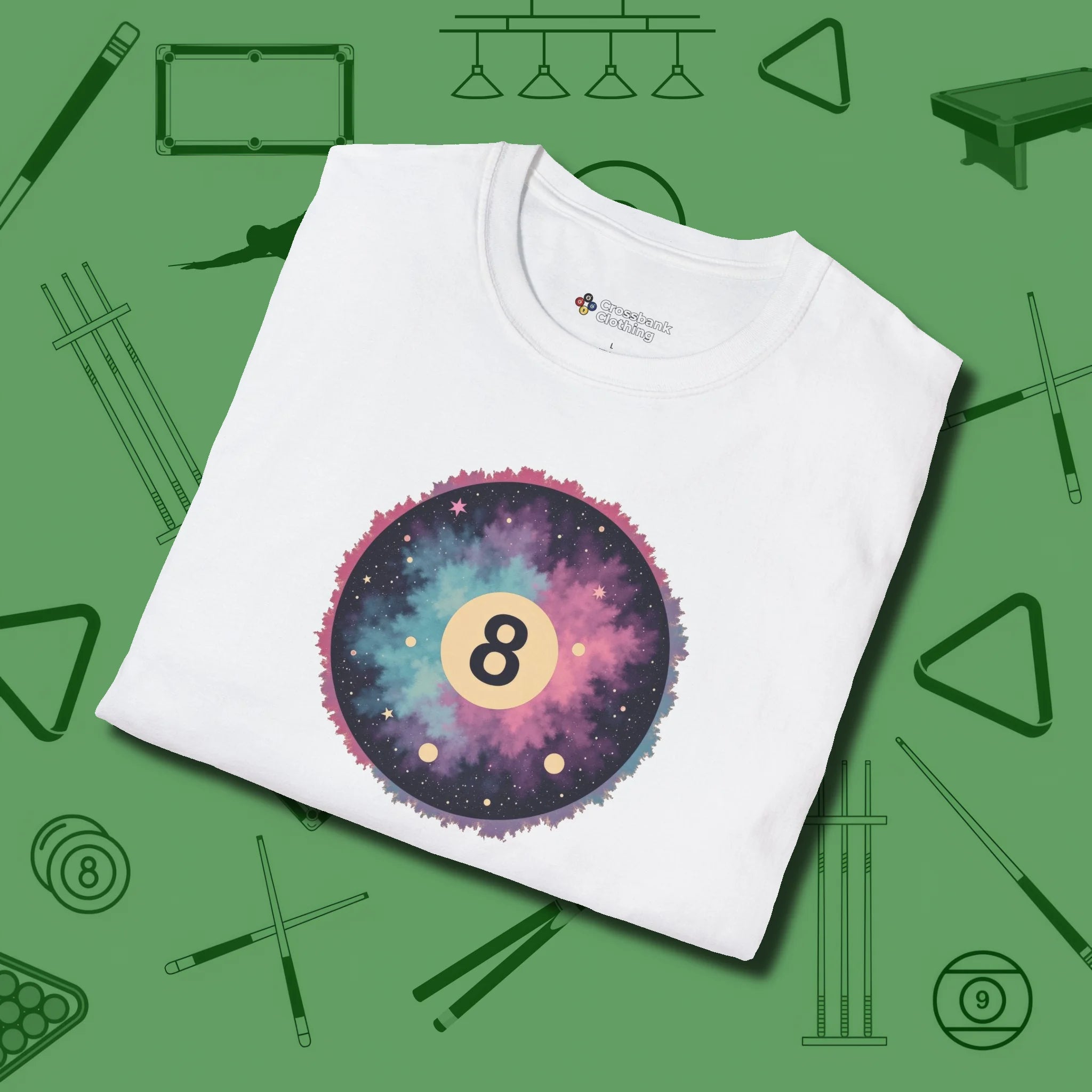 Cosmic 8-Ball Galaxy T-Shirt, folded view, in White not your average 8-ball graphic tee