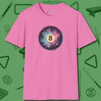 Cosmic 8-Ball Galaxy T-Shirt, front view, in Azalea the shirt that plays position