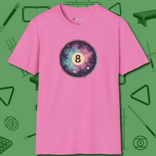 Cosmic 8-Ball Galaxy T-Shirt, front view, in Azalea the shirt that plays position