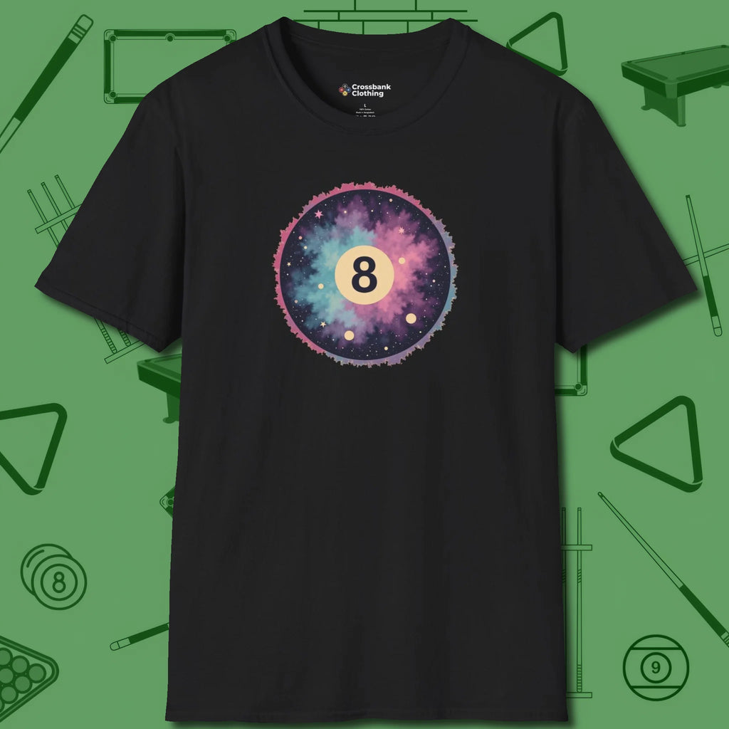 Cosmic 8-Ball Galaxy T-Shirt, front view, in Black earns respect before the first shot