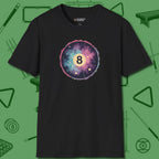 Cosmic 8-Ball Galaxy T-Shirt, front view, in Black earns respect before the first shot
