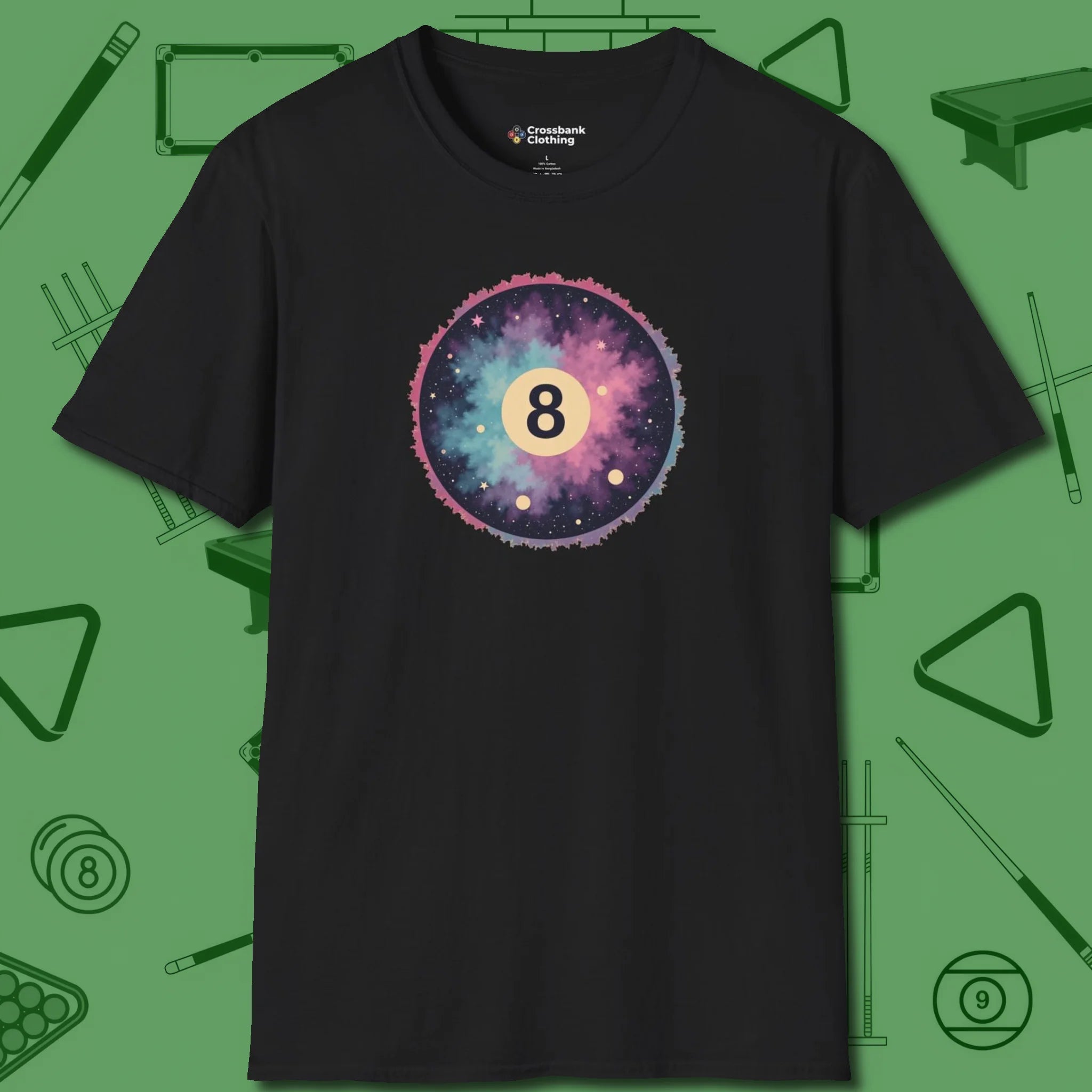 Cosmic 8-Ball Galaxy T-Shirt, front view, in Black earns respect before the first shot