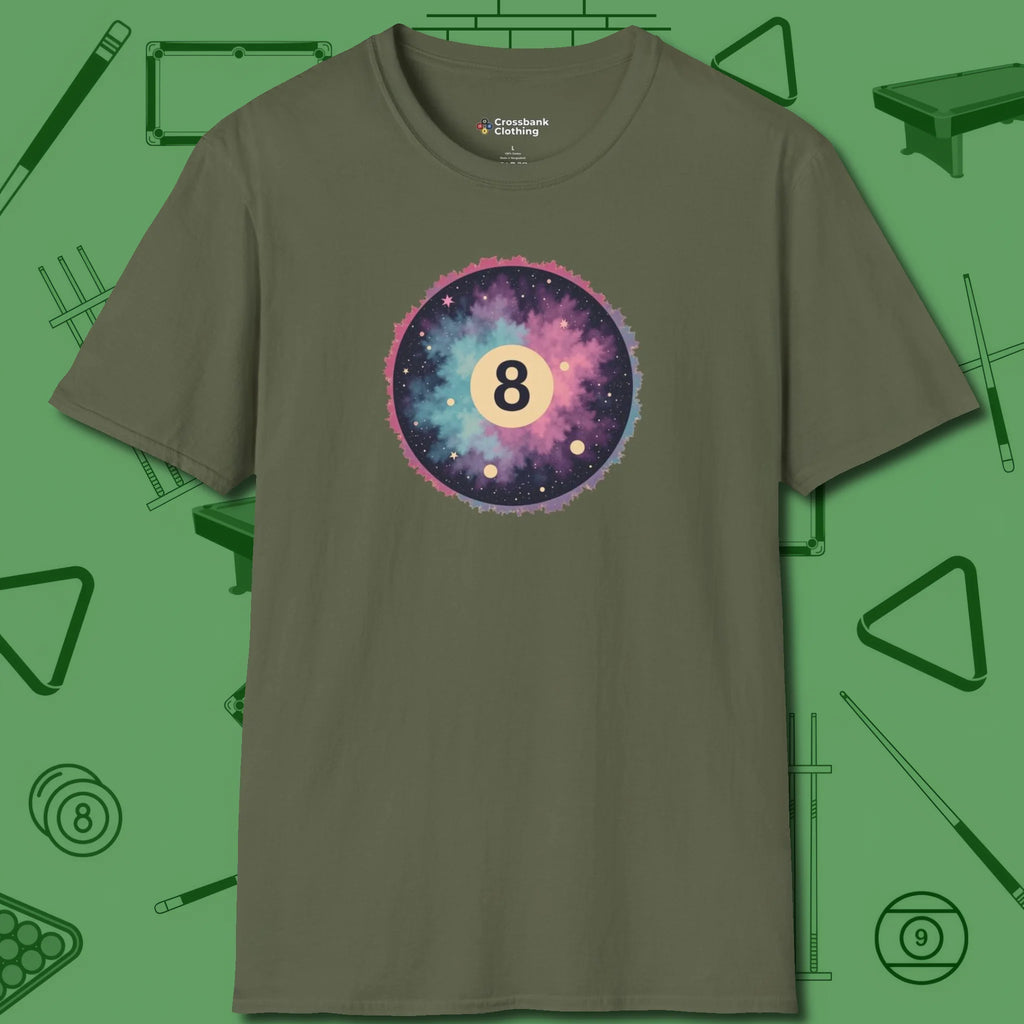 Cosmic 8-Ball Galaxy T-Shirt, front view, in Military Green designed for dead stroke and deadpan looks