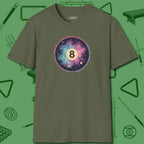 Cosmic 8-Ball Galaxy T-Shirt, front view, in Military Green designed for dead stroke and deadpan looks