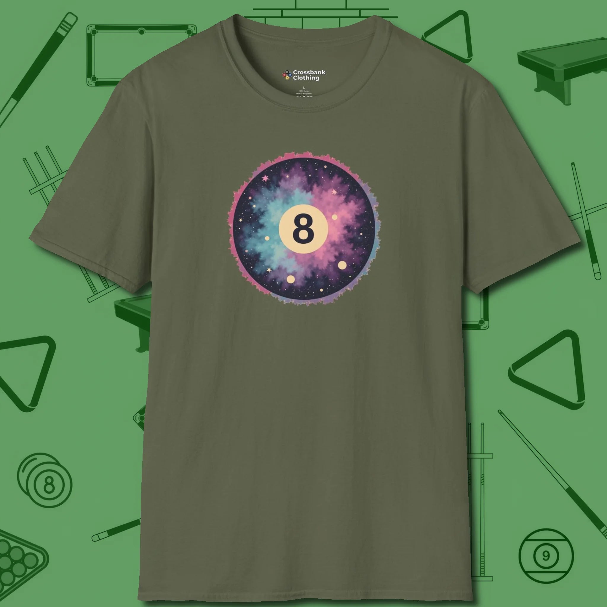 Cosmic 8-Ball Galaxy T-Shirt, front view, in Military Green designed for dead stroke and deadpan looks