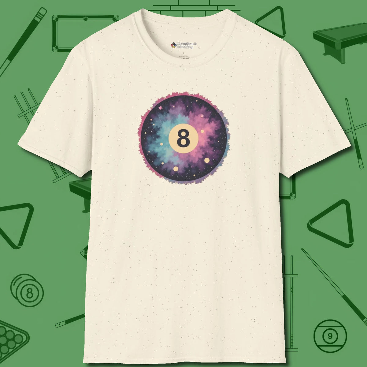Cosmic 8-Ball Galaxy T-Shirt, front view, in Natural styled to dominate from rack to run-out