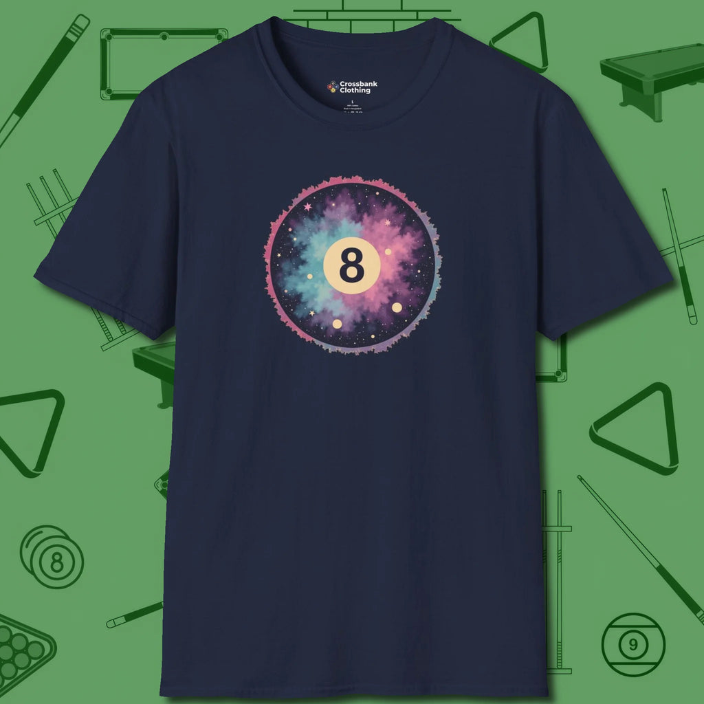 Cosmic 8-Ball Galaxy T-Shirt, front view, in Navy your go-to shirt for league night victories