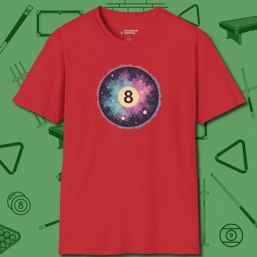 Cosmic 8-Ball Galaxy T-Shirt, front view, in Red fashion with break-and-run energy