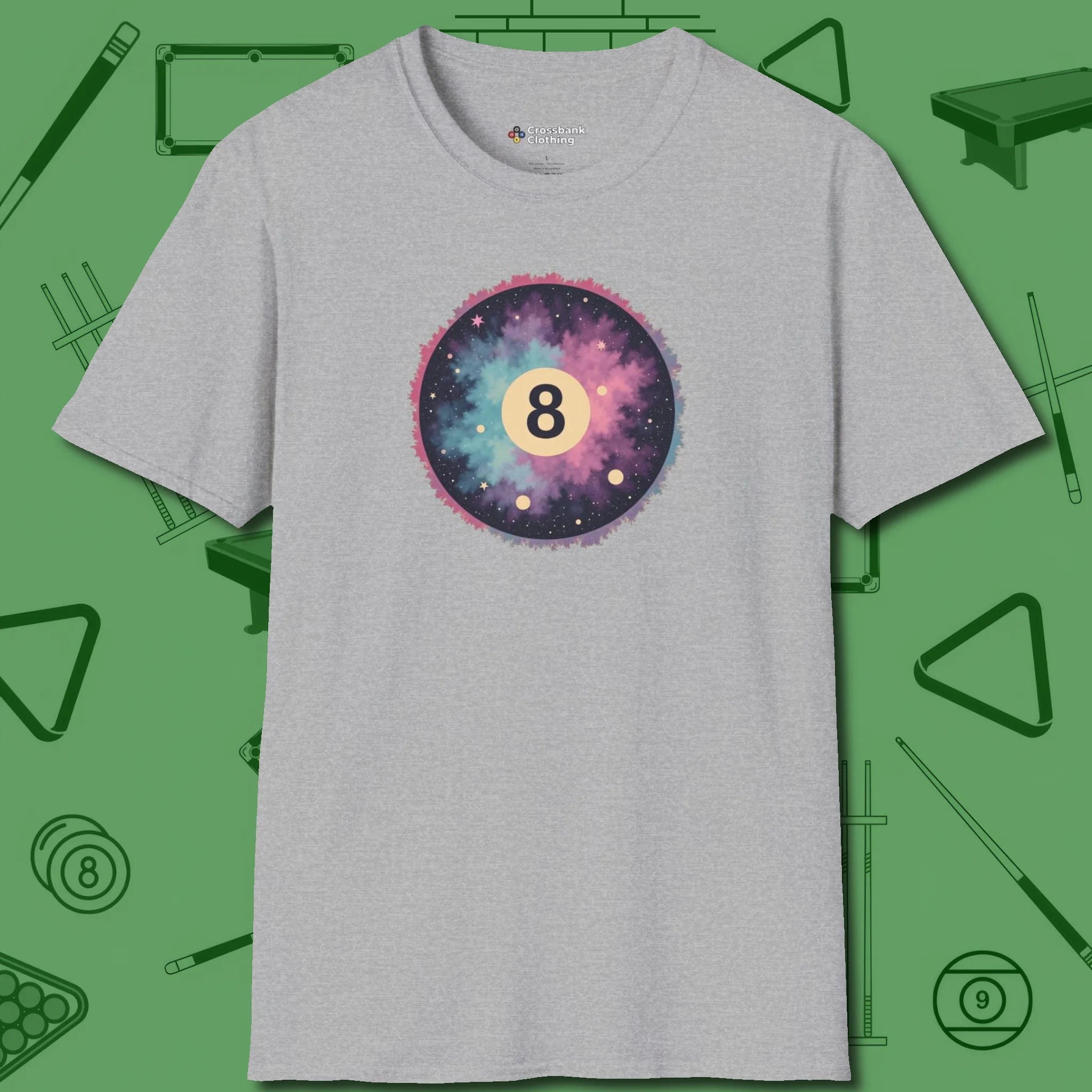Cosmic 8-Ball Galaxy T-Shirt, front view, in Sport Grey smart apparel for strategic players