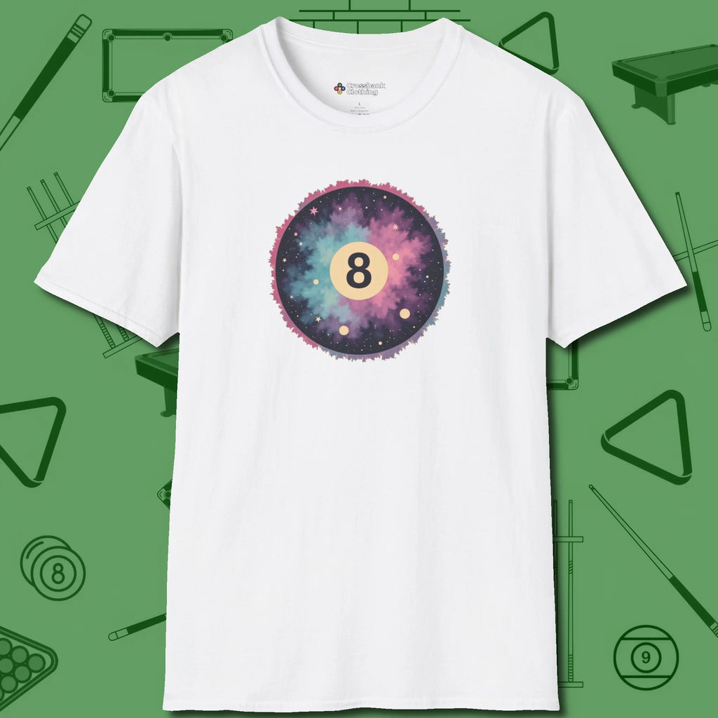 Cosmic 8-Ball Galaxy T-Shirt, front view, in White break, run out, turn heads — repeat