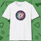 Cosmic 8-Ball Galaxy T-Shirt, front view, in White break, run out, turn heads — repeat