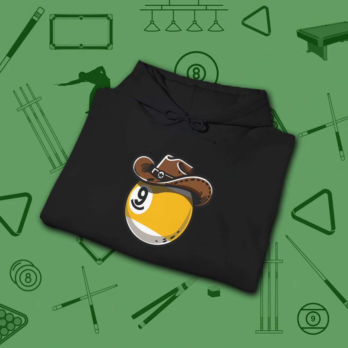 Cowboy Nine Ball Hoodie, in Black color, billiards hoodie, folded view