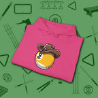 Cowboy Nine Ball Hoodie, in Heliconia color, billiards hoodie, folded view