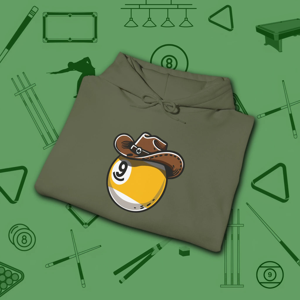 Cowboy Nine Ball Hoodie, in Military Green color, billiards hoodie, folded view