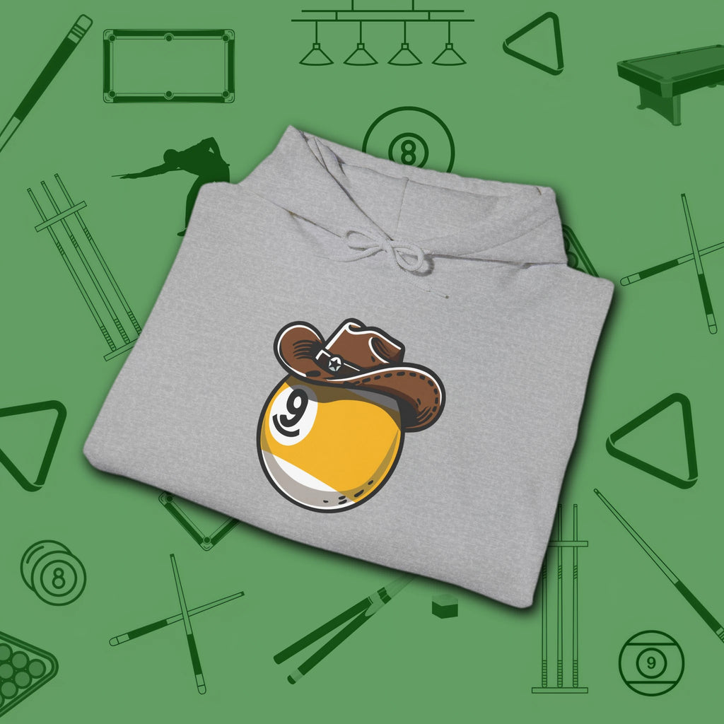 Cowboy Nine Ball Hoodie, in Sport Grey color, billiards hoodie, folded view