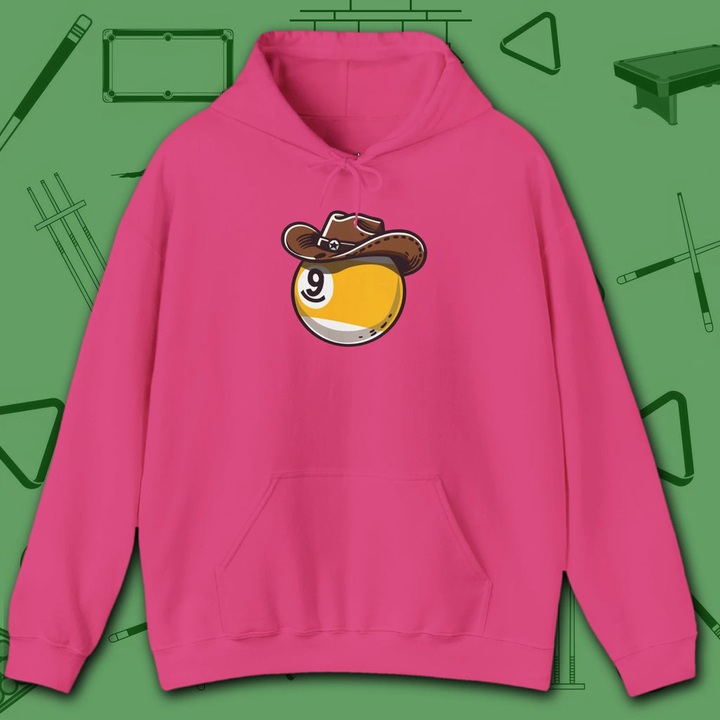 Cowboy Nine Ball Hoodie, in Heliconia color, billiards hoodie, front view