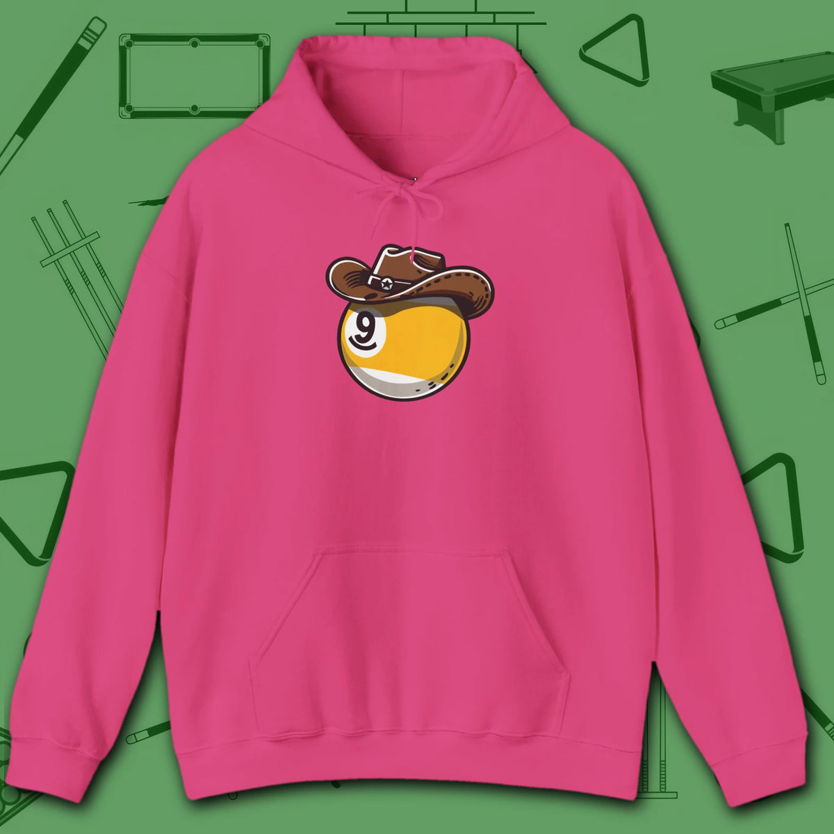 Cowboy Nine Ball Hoodie, in Heliconia color, billiards hoodie, front view