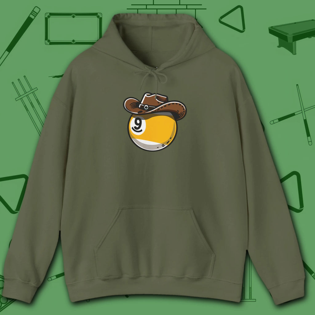 Cowboy Nine Ball Hoodie, in Military Green color, billiards hoodie, front view