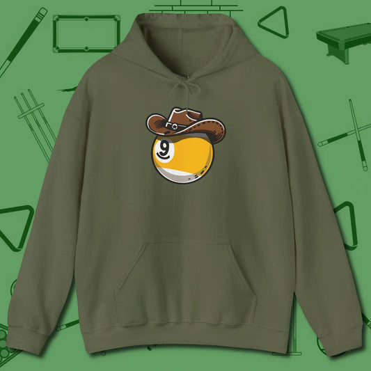 Cowboy Nine Ball Hoodie, front view, in Military Green because pool isn’t just a game — it’s who you are