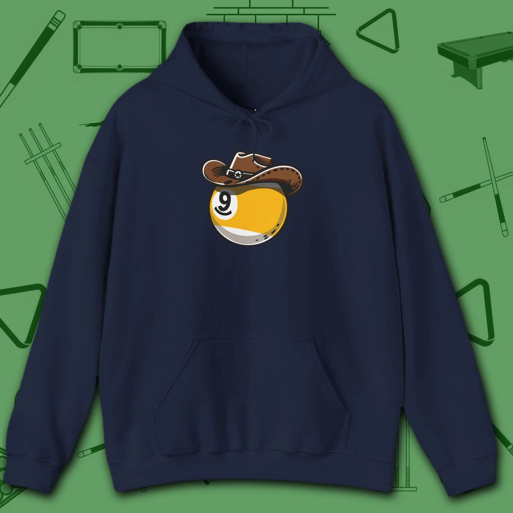 Cowboy Nine Ball Hoodie, in Navy color, billiards hoodie, front view
