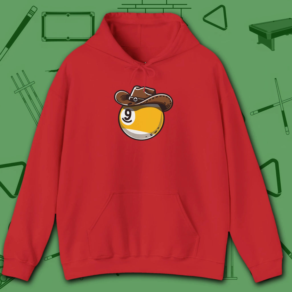 Cowboy Nine Ball Hoodie, in Red color, billiards hoodie, front view