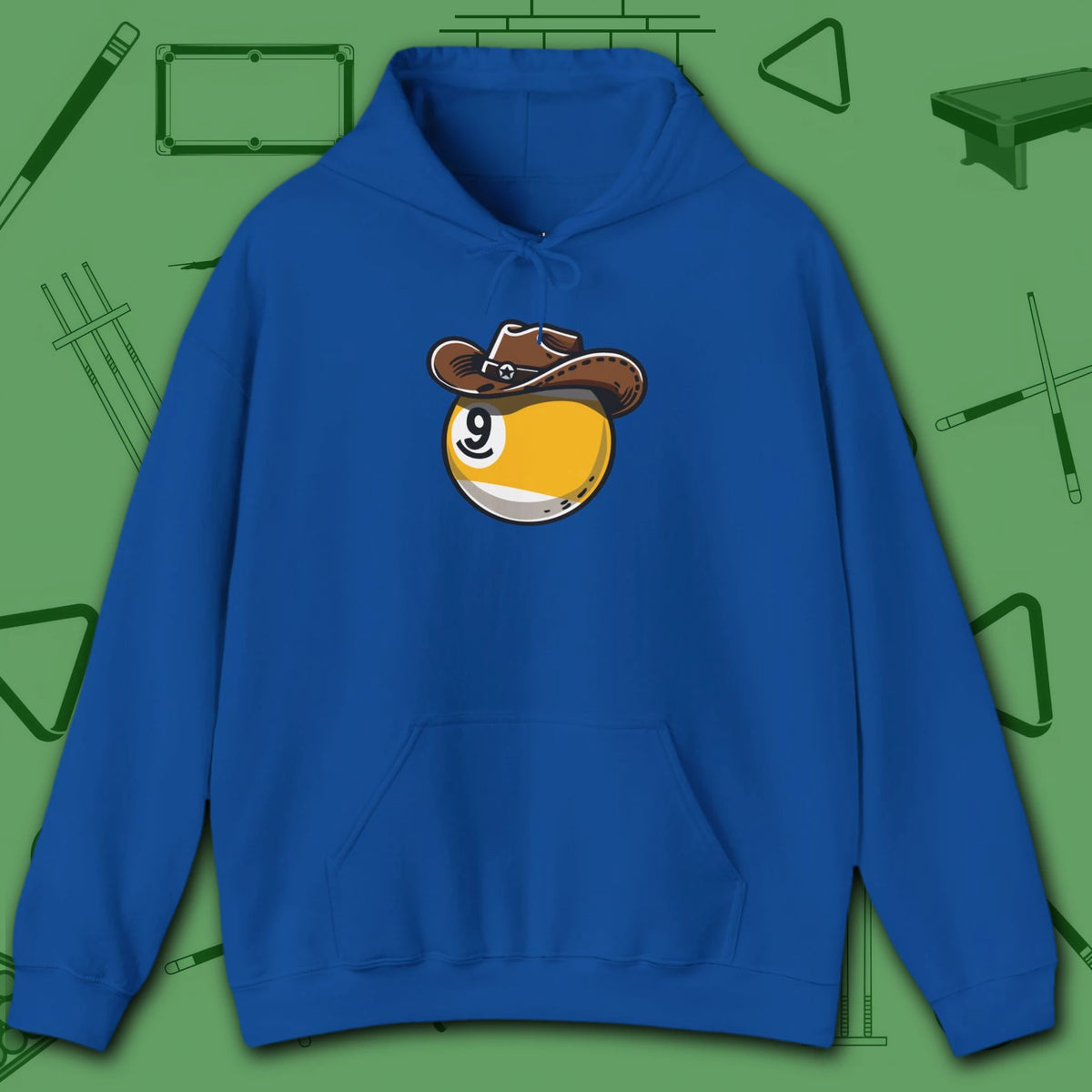 Cowboy Nine Ball Hoodie, in Royal color, billiards hoodie, front view