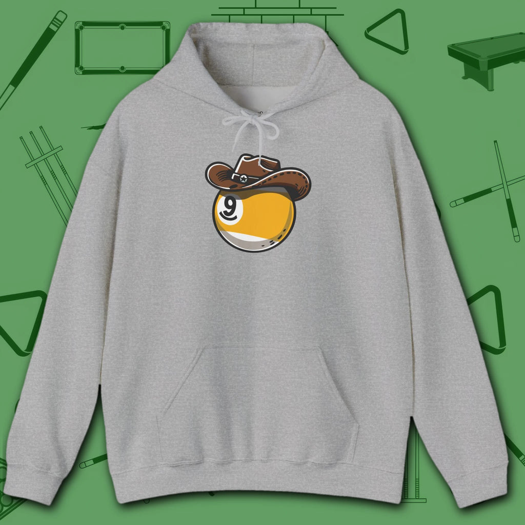 Cowboy Nine Ball Hoodie, in Sport Grey color, billiards hoodie, front view