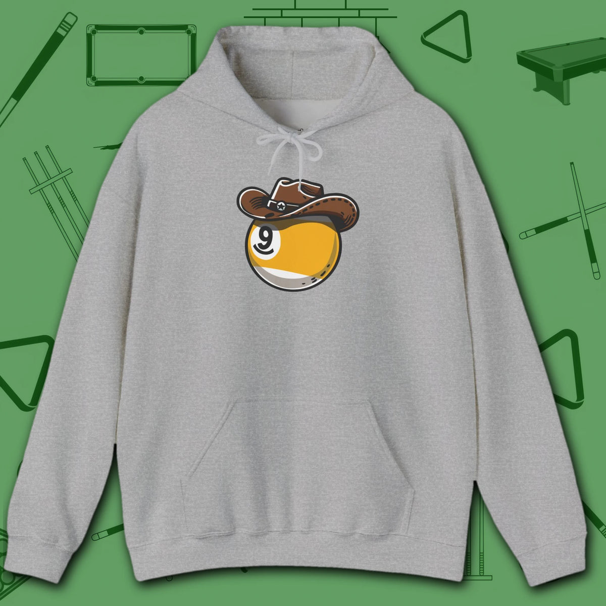 Cowboy Nine Ball Hoodie, in Sport Grey color, billiards hoodie, front view