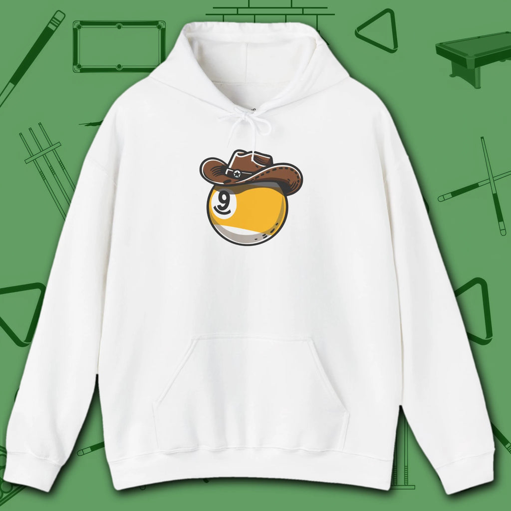 Cowboy Nine Ball Hoodie, in White color, billiards hoodie, front view