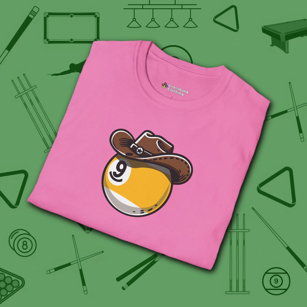 Cowboy Nine Ball T-Shirt, in Azalea color, billiards shirt, folded view