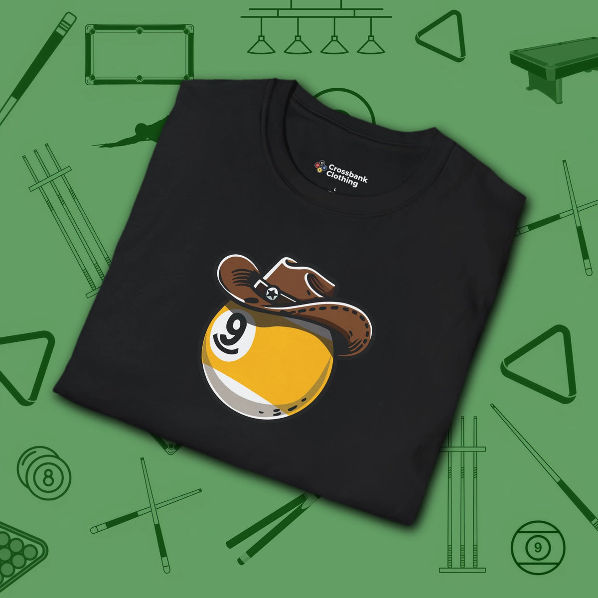 Cowboy Nine Ball T-Shirt, in Black color, billiards shirt, folded view