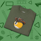 Cowboy Nine Ball T-Shirt, in Military Green color, billiards shirt, folded view