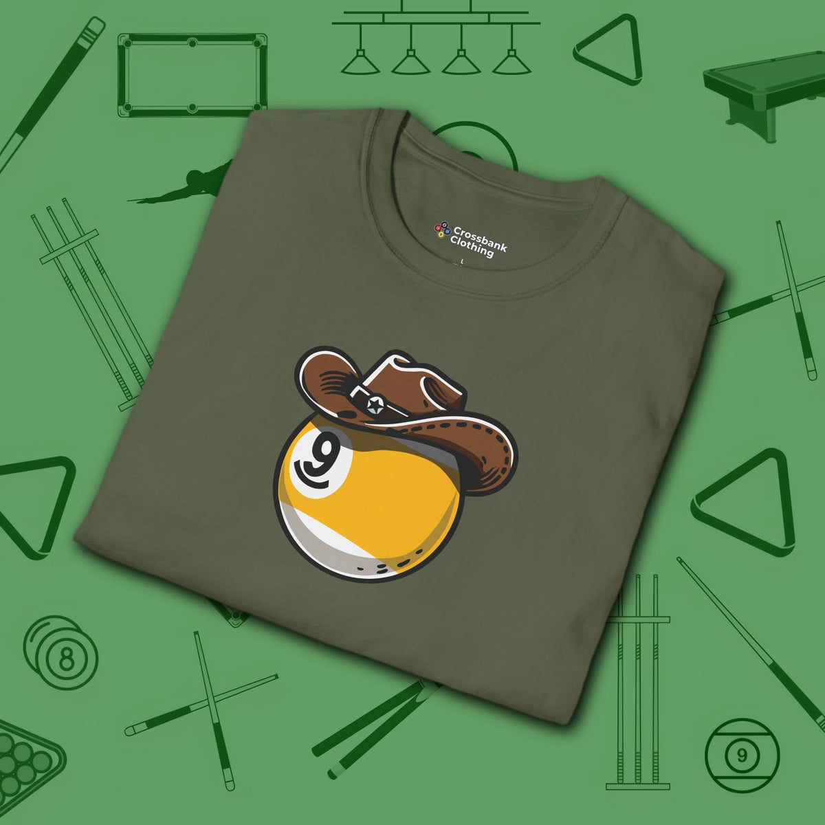Cowboy Nine Ball T-Shirt, in Military Green color, billiards shirt, folded view