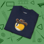 Cowboy Nine Ball T-Shirt, in Navy color, billiards shirt, folded view