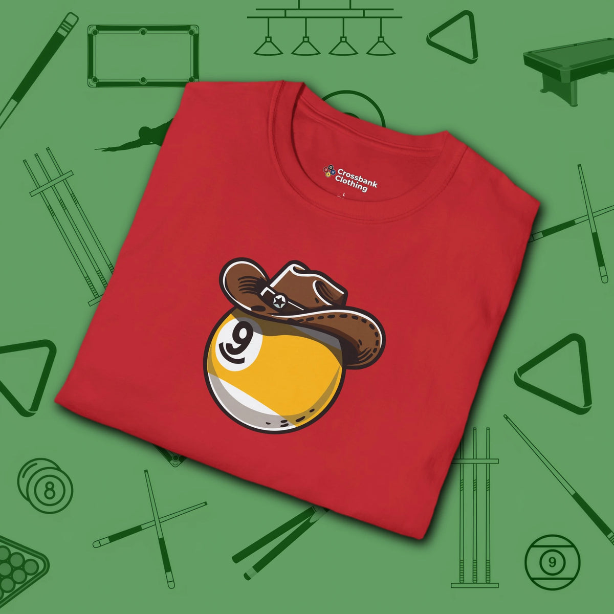 Cowboy Nine Ball T-Shirt, in Red color, billiards shirt, folded view