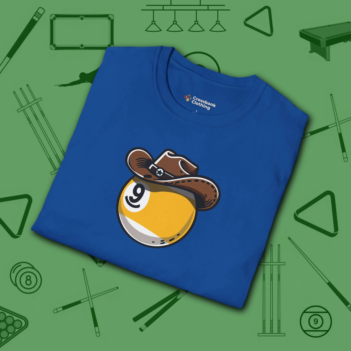 Cowboy Nine Ball T-Shirt, in Royal color, billiards shirt, folded view
