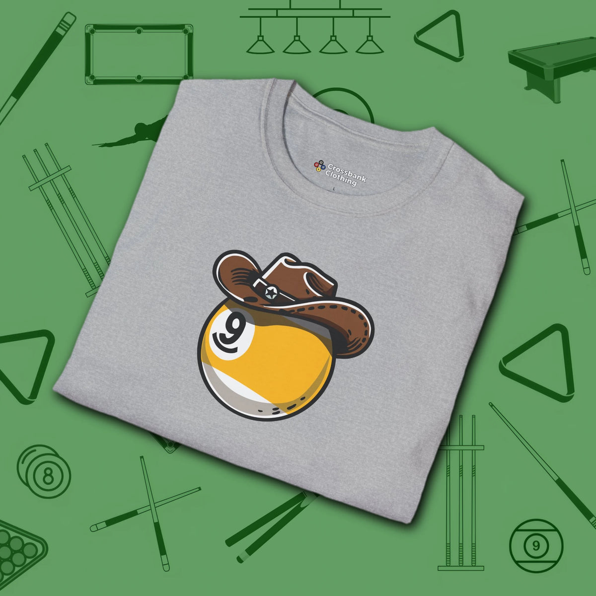 Cowboy Nine Ball T-Shirt, in Sport Grey color, billiards shirt, folded view