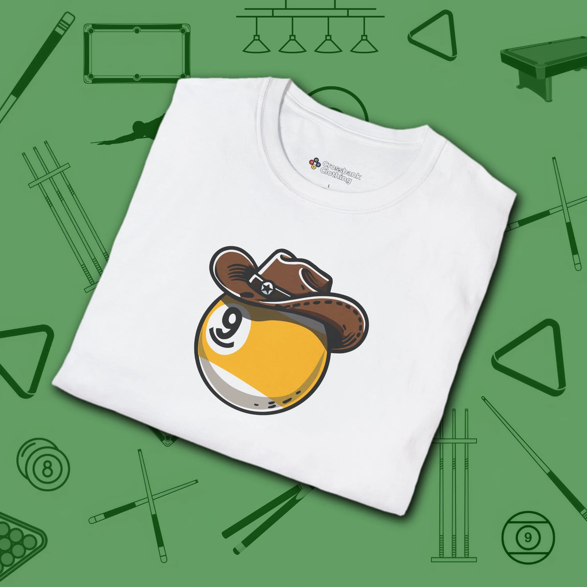 Cowboy Nine Ball T-Shirt, in White color, billiards shirt, folded view