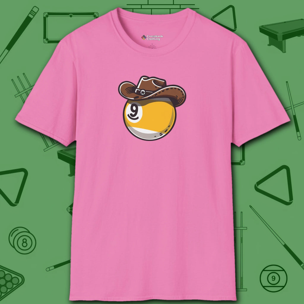 Cowboy Nine Ball T-Shirt, in Azalea color, billiards shirt, front view