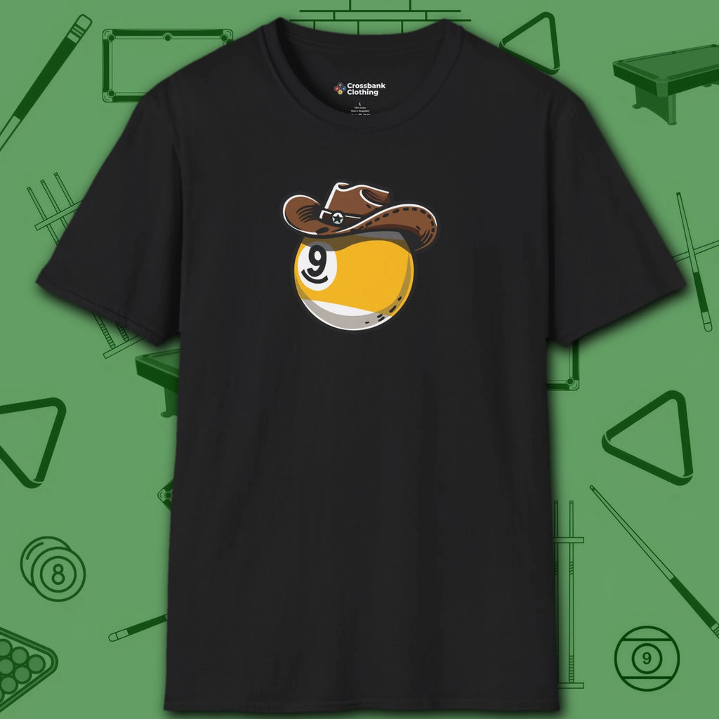 Cowboy Nine Ball T-Shirt, in Black color, billiards shirt, front view