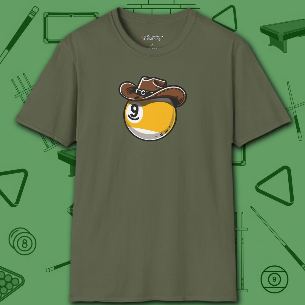 Cowboy Nine Ball T-Shirt, in Military Green color, billiards shirt, front view
