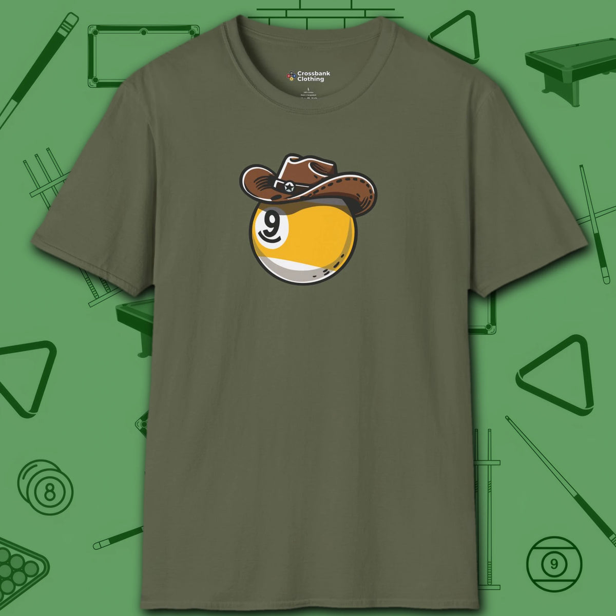Cowboy Nine Ball T-Shirt, in Military Green color, billiards shirt, front view