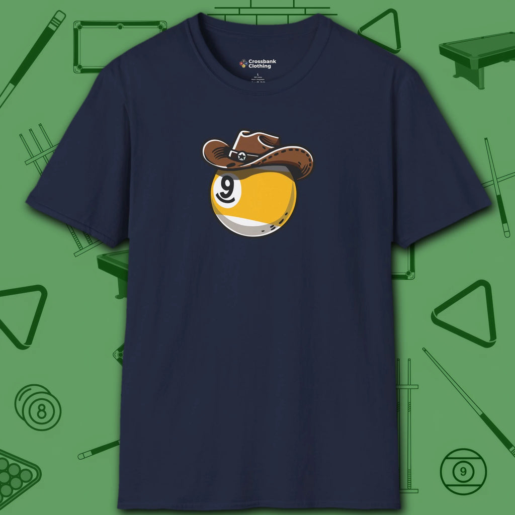Cowboy Nine Ball T-Shirt, in Navy color, billiards shirt, front view