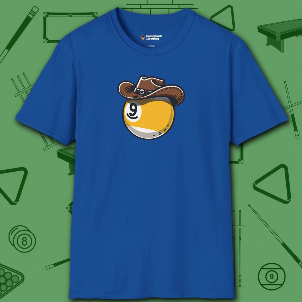 Cowboy Nine Ball T-Shirt, in Royal color, billiards shirt, front view