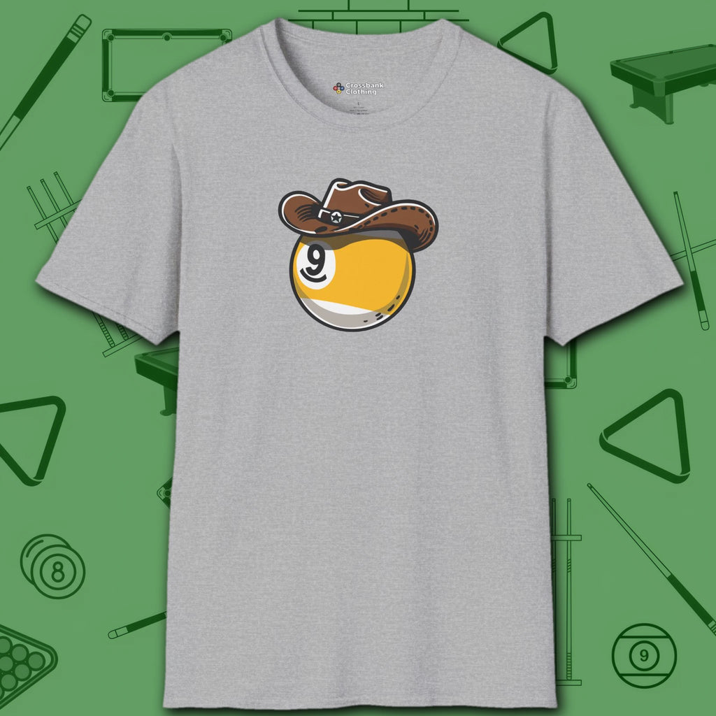 Cowboy Nine Ball T-Shirt, in Sport Grey color, billiards shirt, front view