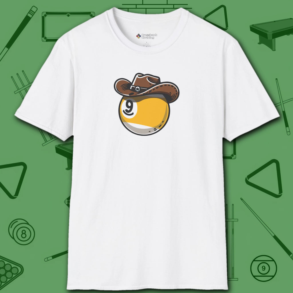 Cowboy Nine Ball T-Shirt, in White color, billiards shirt, front view