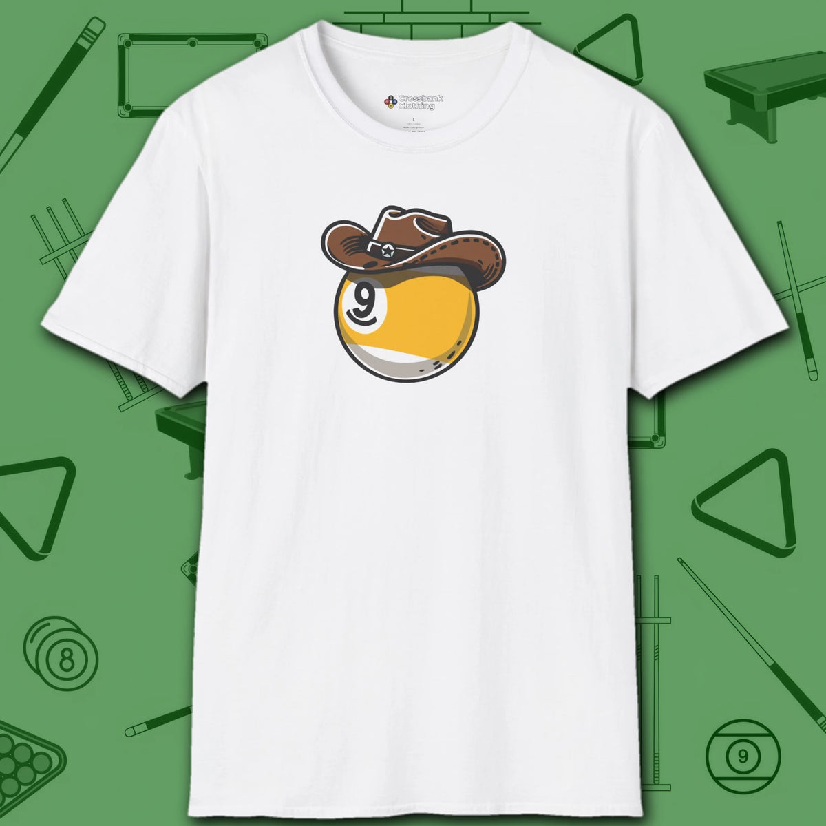 Cowboy Nine Ball T-Shirt, in White color, billiards shirt, front view