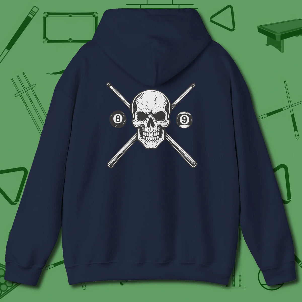 Cue & Bones Hoodie, back view, in Navy when your play does the talking