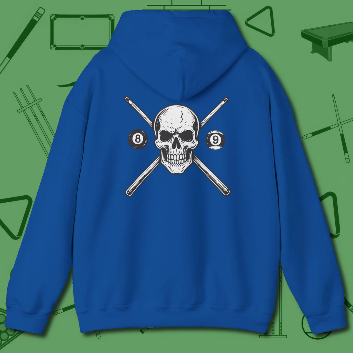 Cue & Bones Hoodie, back view, in Royal made for loud wins and quiet confidence